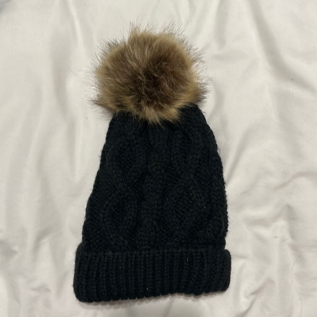 Knitted Black Hat With Fax Fur Pom Pom Good Condition